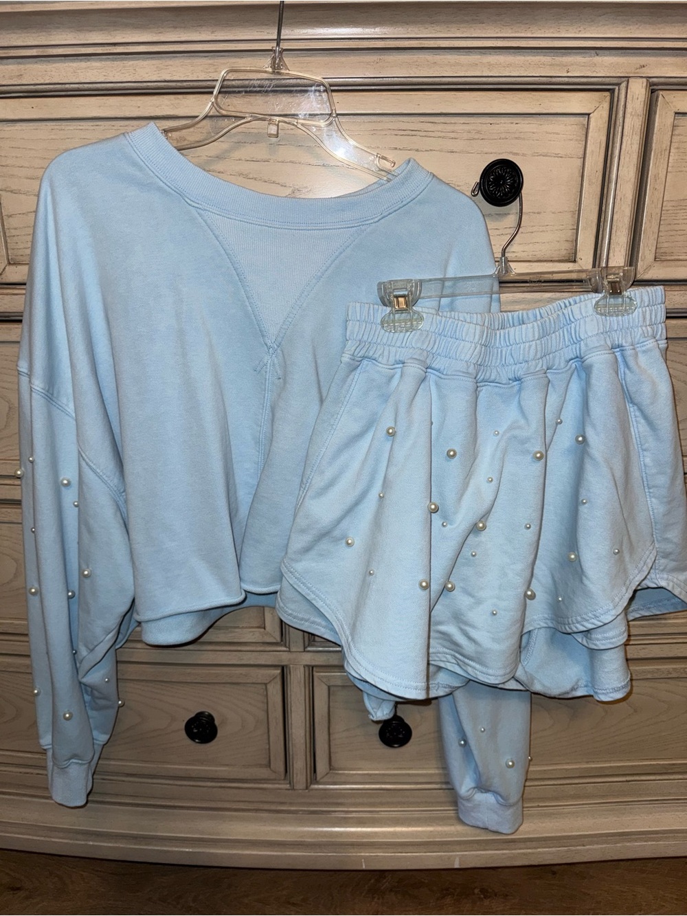 Pearl-Embellished Light Blue Women's Skirt